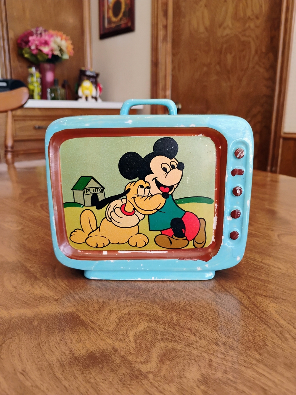 Vintage 1960s Dan Brechner Disney Blue Ceramic Bank TV Mickey Mouse And Pluto 6"